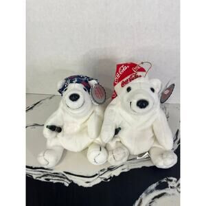 CocaCola Polar Bears one in Snowflake Hat Bean Bag plush & one in Blue Night Cap